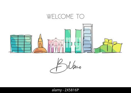 Single continuous line drawing of Bilbao city skyline, France. Famous skyscraper landscape postcard. World travel home wall decor poster print concept Stock Vector