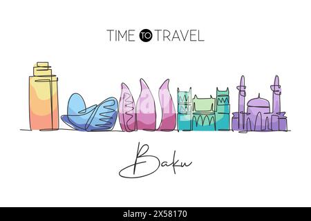 One continuous line drawing of Baku city skyline, Azerbaijan. Beautiful landmark. World landscape tourism travel vacation poster. Editable stylish str Stock Vector