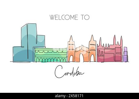 One single line drawing of Cordoba city skyline, Spain. Historical skyscraper landscape in world postcard. Best holiday destination wall decor poster. Stock Vector