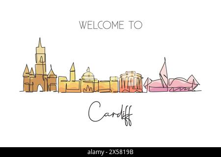 One continuous line drawing of Cardiff city skyline, Wales. Beautiful landmark. World landscape tourism travel vacation wall decor poster print art. S Stock Vector