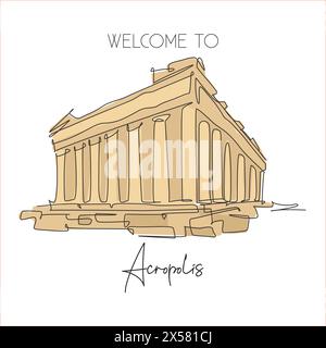 One single line drawing Acropolis temple landmark. World famous ruin in Athens, Greek. Tourism travel postcard home wall decor poster concept. Modern Stock Vector