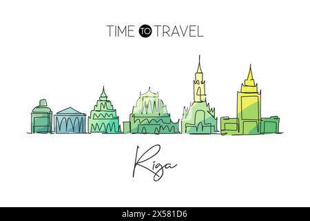 Single continuous line drawing of Riga city skyline, Latvia. Famous city scraper and landscape. World travel concept poster print art home wall decor. Stock Vector
