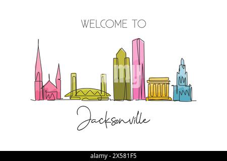 Single continuous line drawing of Jacksonville city skyline, USA. Famous city scraper and landscape. World travel concept home wall decor poster print Stock Vector