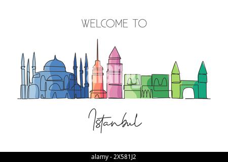 Single continuous line drawing of Istanbul city skyline, Turkey. Famous city scraper landscape. World travel wall decor home art poster print concept. Stock Vector