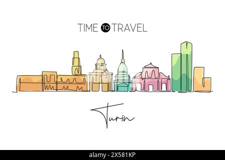 Single continuous line drawing of Turin city skyline, Italy. Famous skyscraper landscape postcard. World travel home wall decor poster print concept. Stock Vector