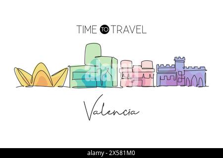 One continuous line drawing of Valencia city skyline Spain. Beautiful skyscraper postcard. World landscape tourism travel wall decor poster concept. S Stock Vector