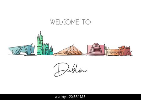 One continuous line drawing of Dublin city skyline, Republic of Ireland. Beautiful landmark. World landscape tour travel vacation wall decor poster. S Stock Vector
