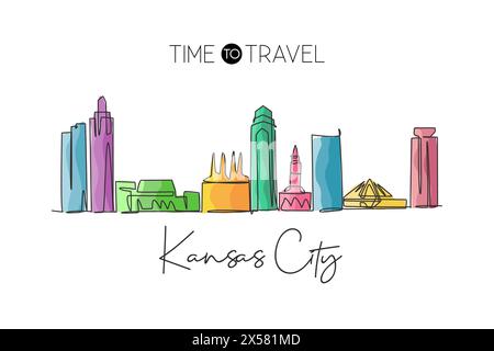 One continuous line drawing of Kansas city skyline, USA. Beautiful landmark. World landscape tourism travel vacation poster print. Editable stylish st Stock Vector