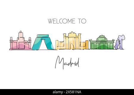 One continuous line drawing of Madrid city skyline, Spain. Beautiful skyscraper. World landscape tourism travel vacation wall decor poster concept. St Stock Vector