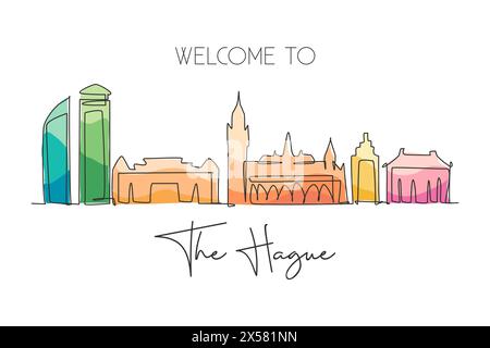 Single continuous line drawing of The Hague city skyline, Netherlands. Famous skyscraper landscape postcard. World travel wall decor poster art concep Stock Vector