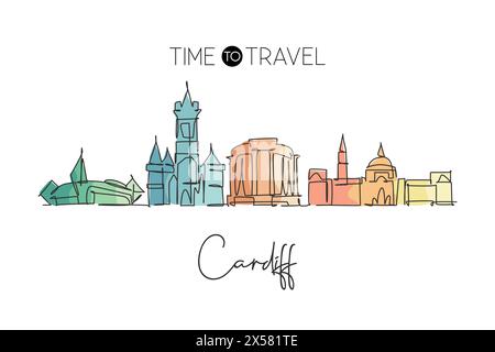 One single line drawing of Cardiff city skyline, Wales. Historical town landscape in the world. Best holiday destination poster. Editable stroke trend Stock Vector