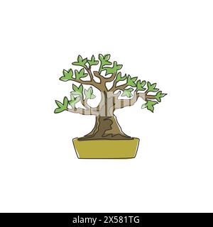 One continuous line drawing beauty and exotic mini bonsai tree for home wall decor art poster print. Old potted bonsai concept for plant shop logo. Tr Stock Vector
