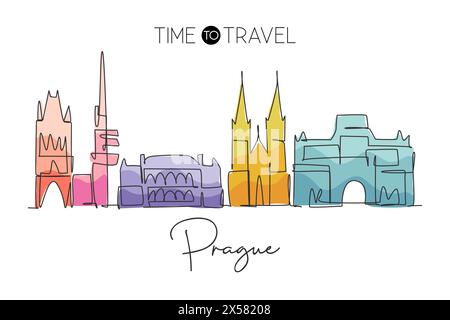 One single line drawing of Prague city skyline, Czech Republic. Historical town landscape in world. Best holiday destination wall decor poster. Trendy Stock Vector