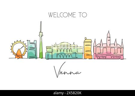 Single continuous line drawing of Vienna city skyline, Austria. Famous city scraper landscape. World travel home art wall decor poster print concept. Stock Vector