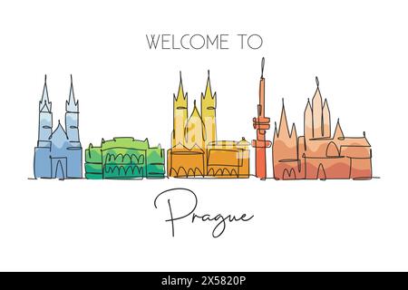 One continuous line drawing of Prague city skyline, Czech Republic. Beautiful landmark. World landscape tourism and travel vacation. Editable stylish Stock Vector