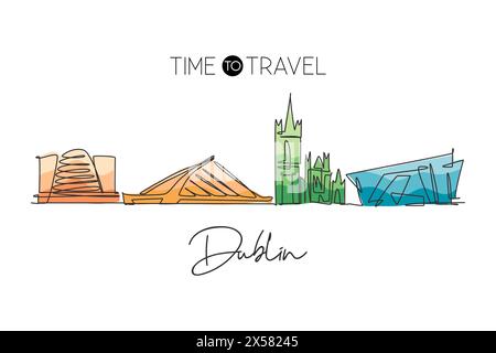 Single continuous line drawing of Dublin city skyline, Republic of Ireland. Famous landscape. World travel concept home wall decor poster print art. M Stock Vector