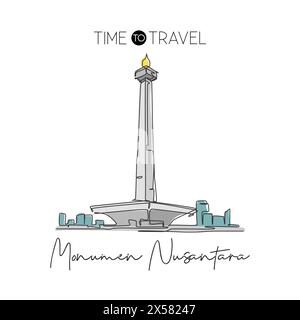 Depok, Indonesia - August 5, 2019: One single line drawing Monas landmark. Iconic place in Jakarta, Indonesia. Tourism travel postcard wall decor home Stock Vector