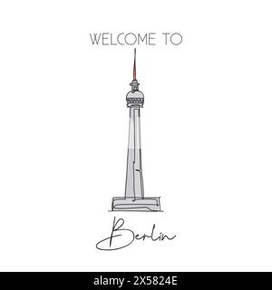 Depok, Indonesia - August 6, 2019: One single line drawing Berlin TV Tower landmark. World famous place in Berlin, Germany. Tourism travel postcard wa Stock Vector