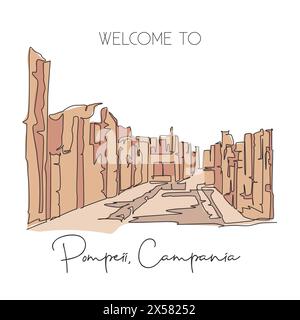 One continuous line drawing Pompeii classical Roman city landmark. Historical skyline at Naples, Italy. Holiday vacation wall decor poster concept. Tr Stock Vector