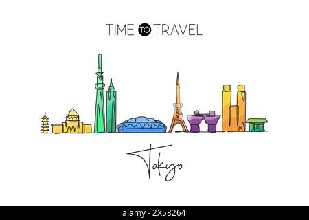 Single continuous line drawing of Tokyo city skyline, Japan. Famous city scraper and landscape. World travel concept home wall decor poster print art. Stock Vector