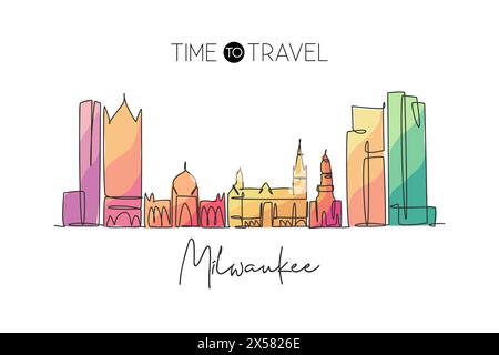 One continuous line drawing of Milwaukee city skyline, United States. Beautiful landmark. World landscape tourism and travel poster. Editable stylish Stock Vector