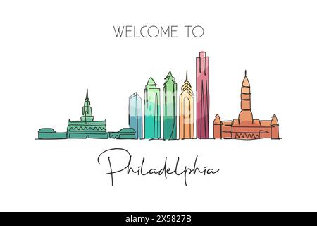 One continuous line drawing of Philadelphia city skyline, United States. Beautiful landmark. World city landscape travel vacation. Editable stylish st Stock Vector