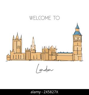 One single line drawing house of parliament London landmark. World famous iconic in England United Kingdom. Tourism and travel post card concept. Tren Stock Vector