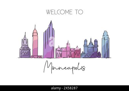 One single line drawing of Minneapolis city skyline, USA. Historical town landscape. Best holiday destination home wall decor poster print art. Trendy Stock Vector