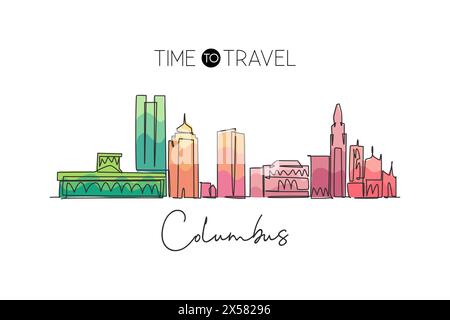 Single continuous line drawing of Columbus city skyline, USA. Famous city scraper and landscape. World travel concept home wall decor poster art print Stock Vector