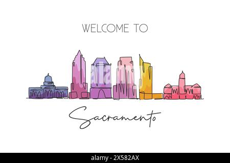 One single line drawing of Sacramento city skyline, California. Historical town landscape in the world. Best holiday destination. Editable stroke tren Stock Vector