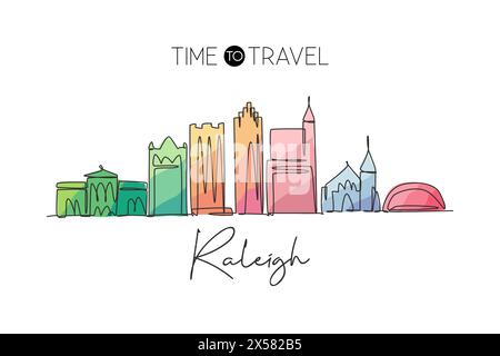 One continuous line drawing of Raleigh city skyline, USA. Beautiful landmark. World landscape tourism travel vacation poster print. Editable stylish s Stock Vector