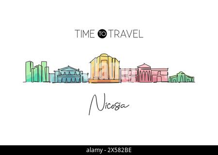 Single continuous line drawing of Nicosia city skyline, Cyprus. Famous city scraper landscape. World travel concept home wall decor poster print art. Stock Vector