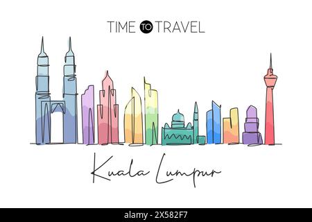 Single continuous line drawing of Kuala Lumpur city skyline, Malaysia. Famous city landscape. World travel concept home wall decor art poster print. M Stock Vector