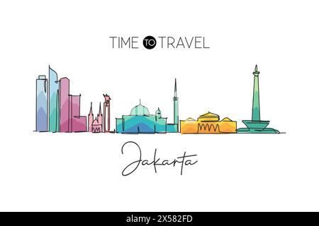 One continuous line drawing of Jakarta city skyline, Indonesia. Beautiful landmark. World landscape tourism travel vacation poster. Editable stylish s Stock Vector