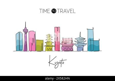 Single continuous line drawing of Kobe city skyline, Japan. Famous city scraper and landscape. World travel concept home art wall decor poster print. Stock Vector