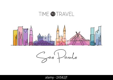 Single continuous line drawing Sao Paulo city skyline, Brazil. Famous city scraper landscape. World travel destination postcard concept. Editable stro Stock Vector