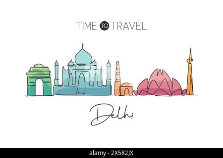 Single continuous line drawing of Delhi skyline, India. Famous city scraper landscape home wall decor art poster print. World travel concept. Modern o Stock Vector