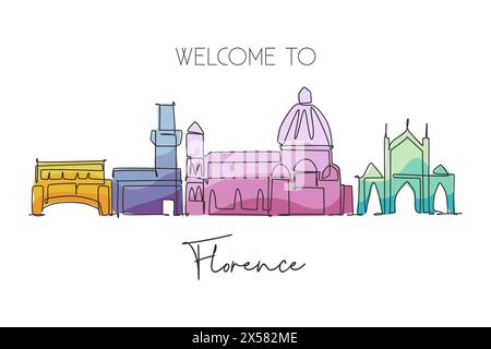 One single line drawing of Florence city skyline, Italy. Historical skyscraper landscape in world. Best holiday destination wall decor poster. Trendy Stock Vector