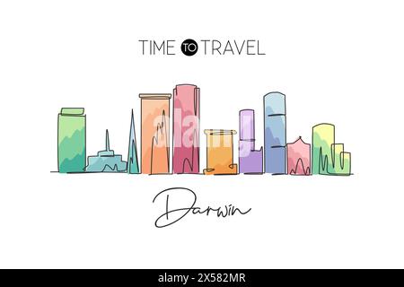 Single continuous line drawing Darwin city skyline, Australia. Famous city scraper and landscape. World travel concept home wall decor art poster prin Stock Vector
