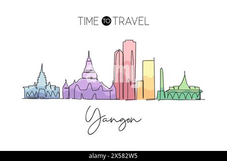 Single continuous line drawing of Yangon city skyline, Myanmar. Famous city scraper landscape. World travel concept home art decor wall print poster. Stock Vector