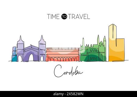 Single continuous line drawing of Cordoba city skyline, Spain. Famous skyscraper and landscape postcard. World travel wall decor poster print concept. Stock Vector