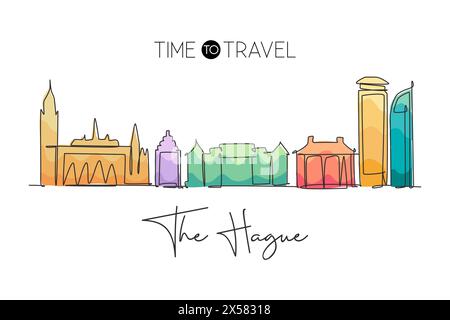 One single line drawing of The Hague city skyline, Netherlands. Historical landscape in world. Best holiday destination home wall decor poster print. Stock Vector