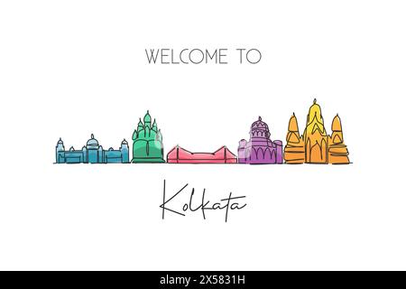 One single line drawing of Kolkata city skyline, India. Historical town landscape in the world. Best holiday destination. Editable stroke trendy conti Stock Vector