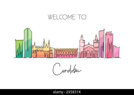 Single continuous line drawing of Cordoba city skyline, Argentina. Famous city scraper landscape postcard print art. World travel destination concept. Stock Vector