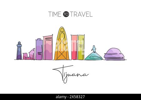 One single line drawing of Tijuana city skyline, Mexico. World town landscape home wall decor poster art print. Best place holiday destination. Trendy Stock Vector