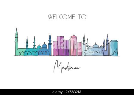 One single line drawing of Medina city skyline, Saudi Arabia. World historical town landscape. Best place holiday destination. Editable stroke trendy Stock Vector