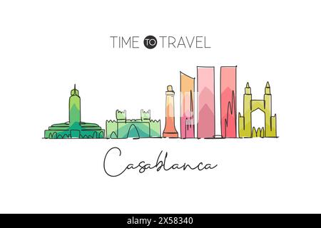 Single continuous line drawing of Casablanca city skyline Morocco. Famous city scraper and landscape in the world. World travel concept. Editable stro Stock Vector