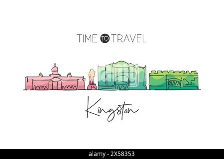 One continuous line drawing Kingston city skyline Jamaica. Beautiful landmark home wall decor poster print. World landscape tourism travel vacation. S Stock Vector