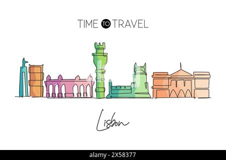 Single continuous line drawing of Lisbon city skyline, Portugal. Famous city scraper landscape. World travel home wall decor concept. Editable stroke Stock Vector