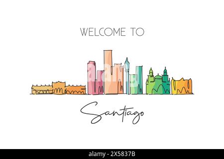 One single line drawing Santiago city skyline, Chile. World historical town landscape wall decor poster print. Best holiday place destination. Trendy Stock Vector